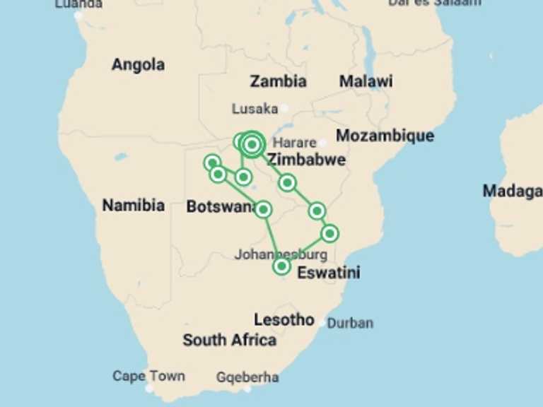 Map of Zimbabwe Wildlife Tour with 11 destination visits for the trip: Southern Africa Overland: Canoes & Camp-Outs