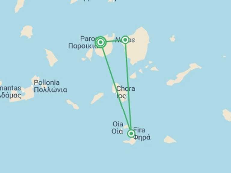 Map of 15-Day Europe Tour with 3 destination visits for the trip: Island Hopping - Exploring The Greek Islands: Paros, Naxos & Santorini