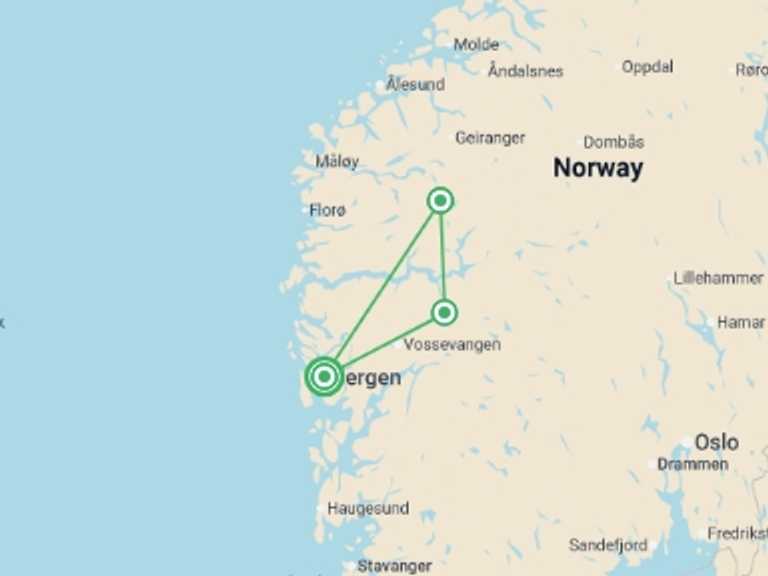Map of 8-Day Norway Tour with 3 destination visits for the trip: Norway Self Drive - 8 days