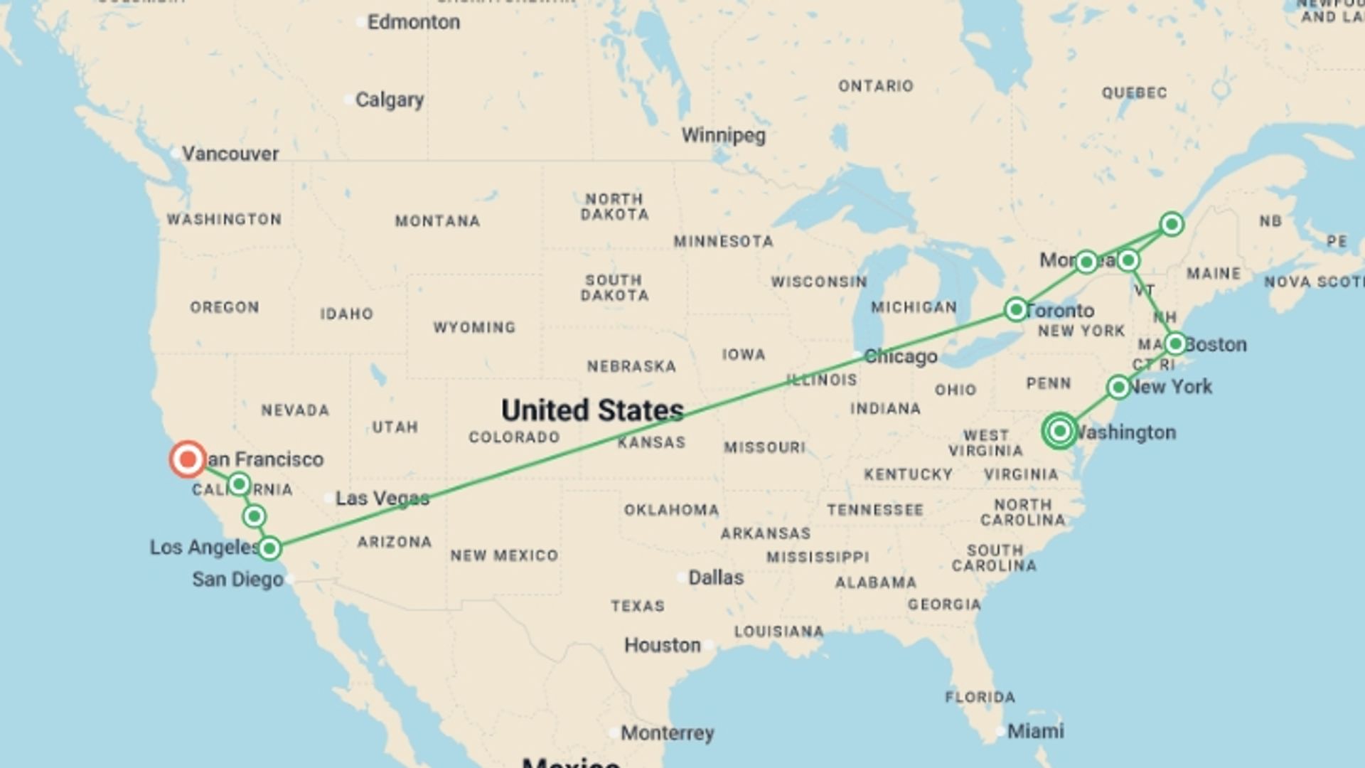 A map showing the tour itinerary for the trip: From Washington to San Francisco, starting in Washington D.C., USA and ending in San Francisco, USA going through 9 other destinations.