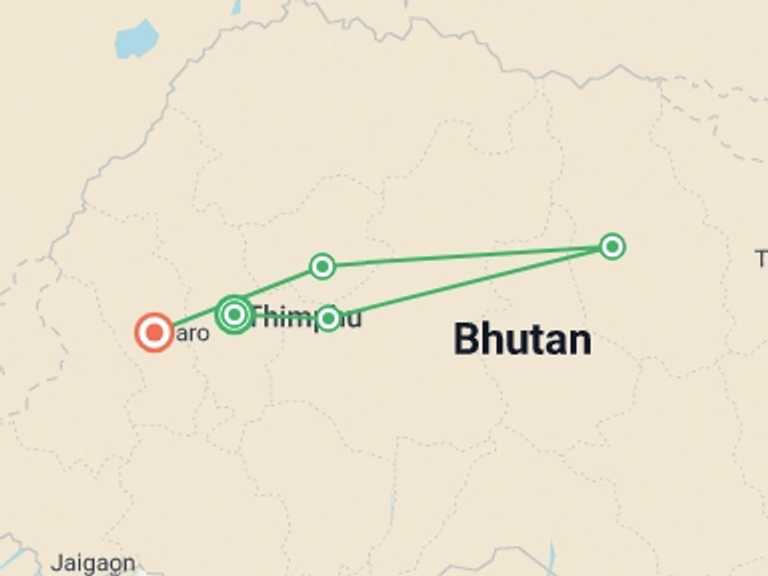 Map itinerary of Asia Tour in November 2026 with 5 destination visits for the trip: Bhutan: Women's Expedition