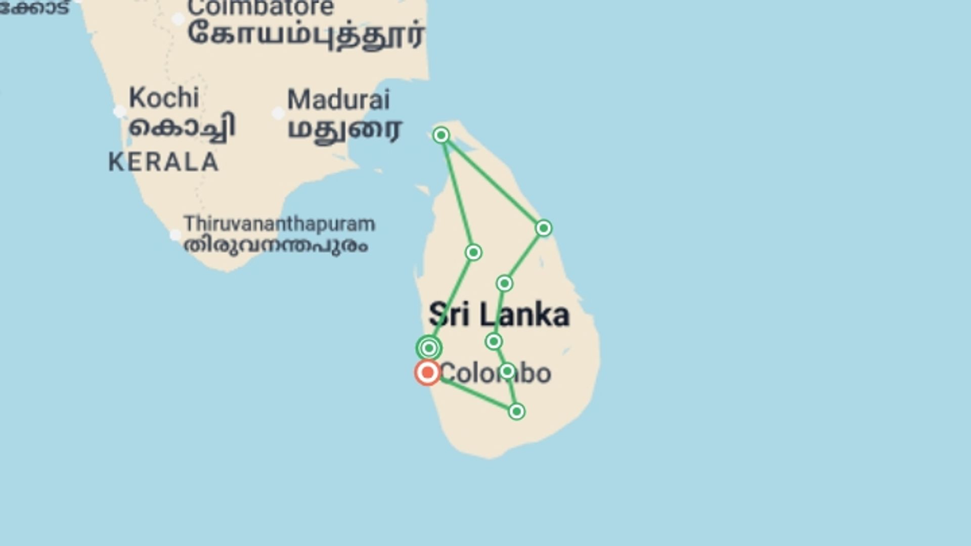 A map showing the tour itinerary for the trip: Sri Lanka Northeast Explorer - 12 days, starting in Negombo, Sri Lanka and ending in Colombo, Sri Lanka going through 7 other destinations.