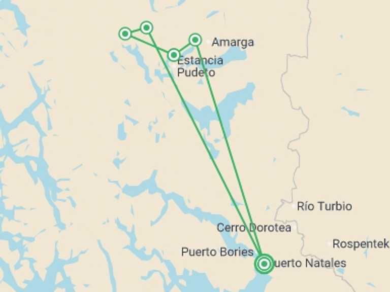 Map of South America Tour with 6 destination visits for the trip: Torres del Paine Guided O Trek 8D/7N