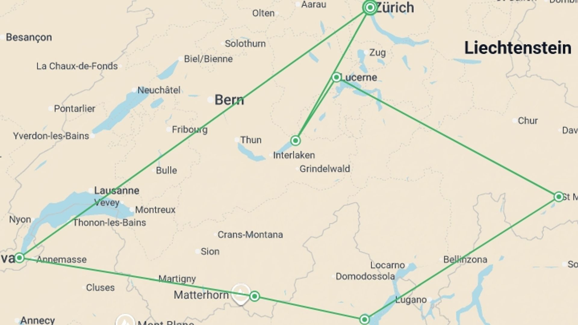 A map showing the tour itinerary for the trip: Best of Switzerland, starting in Zurich, Switzerland and ending in Zurich, Switzerland going through 6 other destinations.