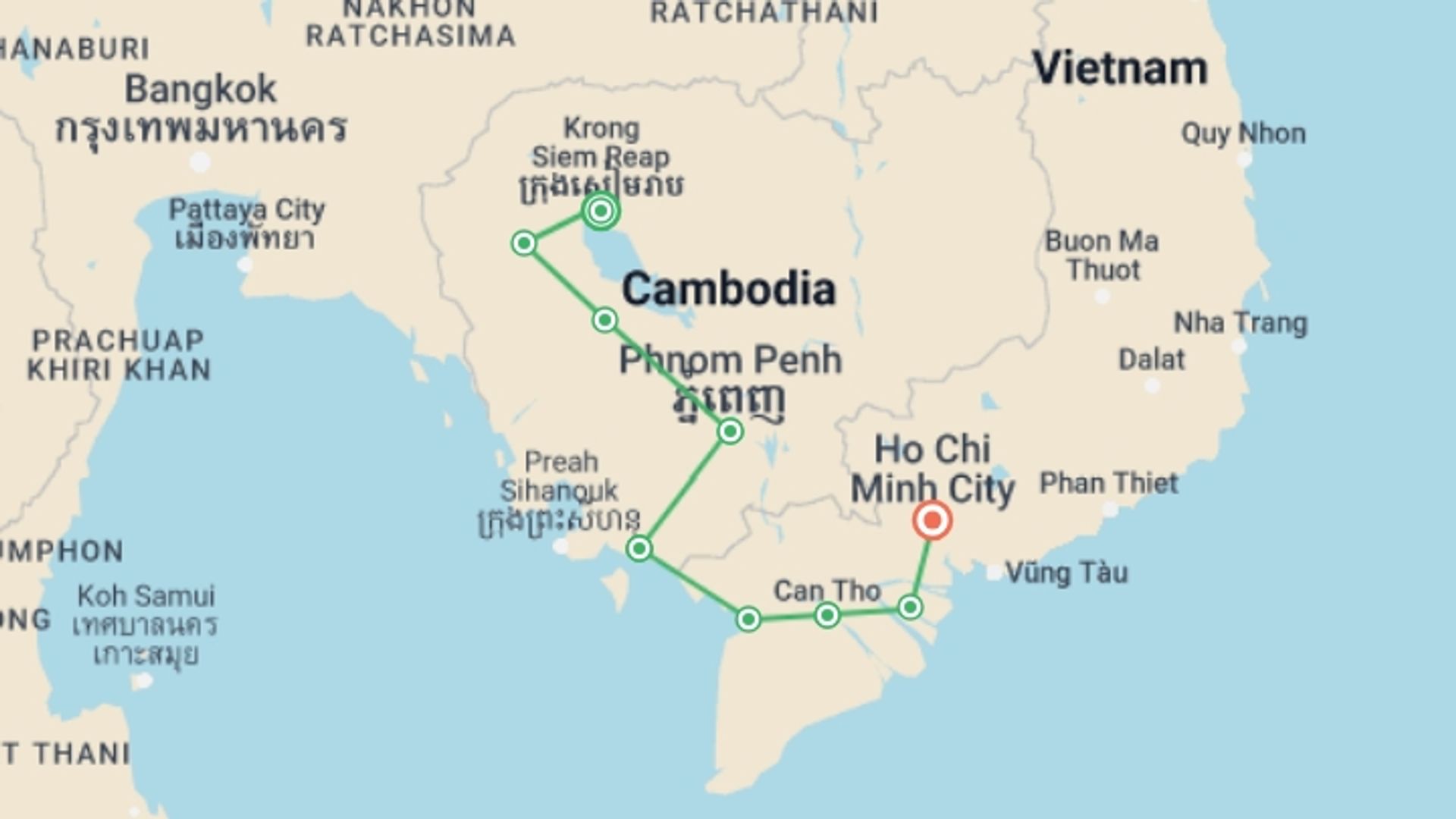 A map showing the tour itinerary for the trip: Siem Reap to Saigon Cycle Adventure, starting in Siem Reap, Cambodia and ending in Ho Chi Minh City, Vietnam going through 7 other destinations.