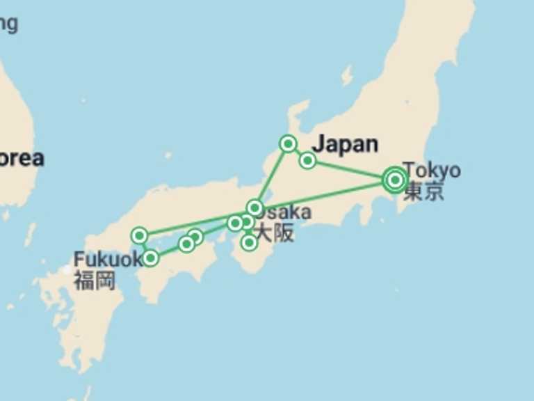Map of 12-Day Tokyo Tour with 8 destination visits for the trip: Colors of Japan and Hiroshima