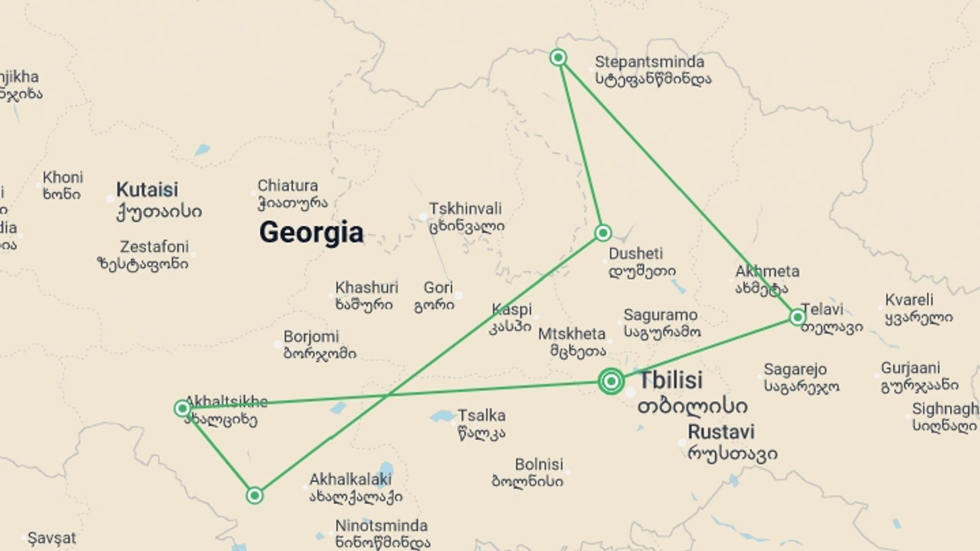 A map showing the tour itinerary for the trip: A Week in Georgia, starting in Tbilisi, Georgia and ending in Tbilisi, Georgia going through 5 other destinations.