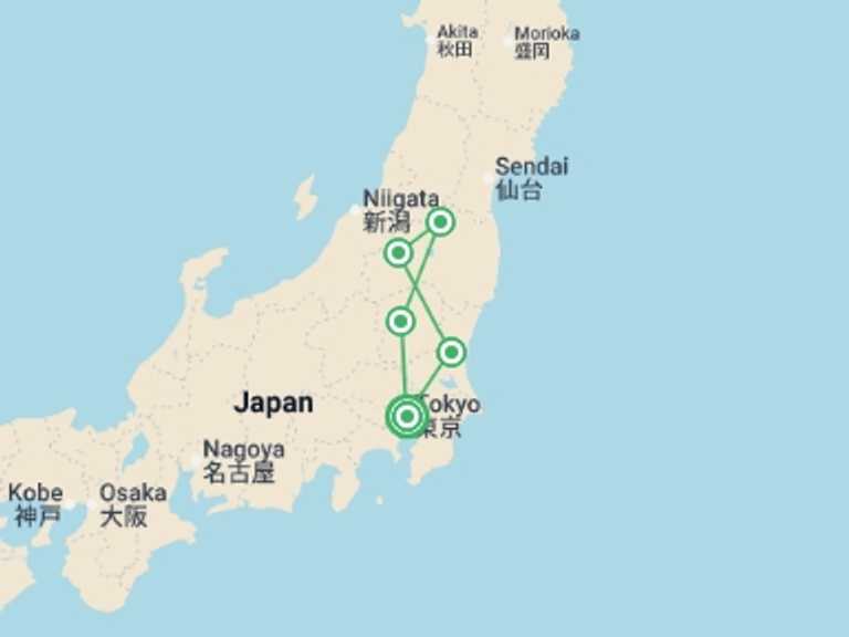 Map itinerary of Asia Tour in October 2026 with 5 destination visits for the trip: The Silver Route Tour: Hidden Gems of Japan