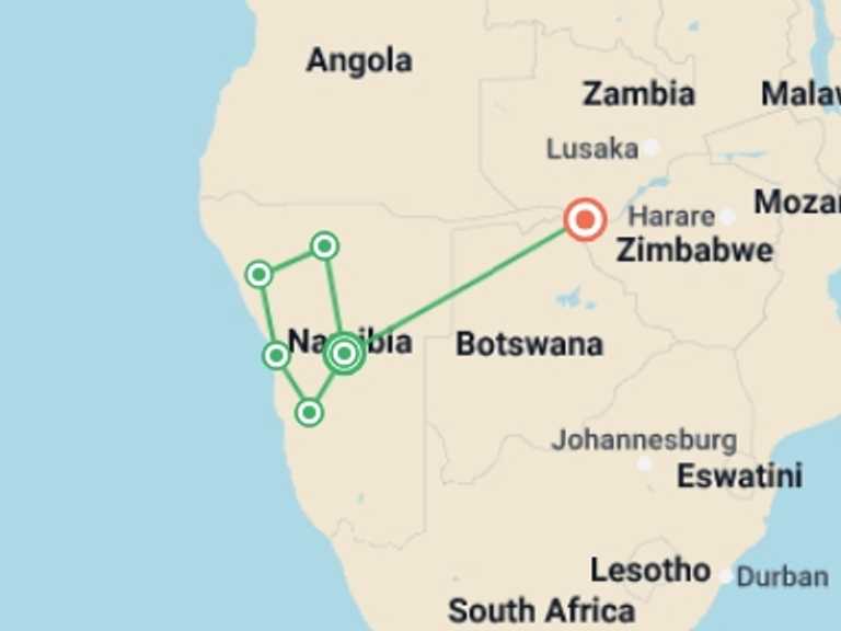 Map of Africa Wildlife safaris and game drives Tour with 6 destination visits for the trip: Journeys: Discover Namibia & Victoria Falls