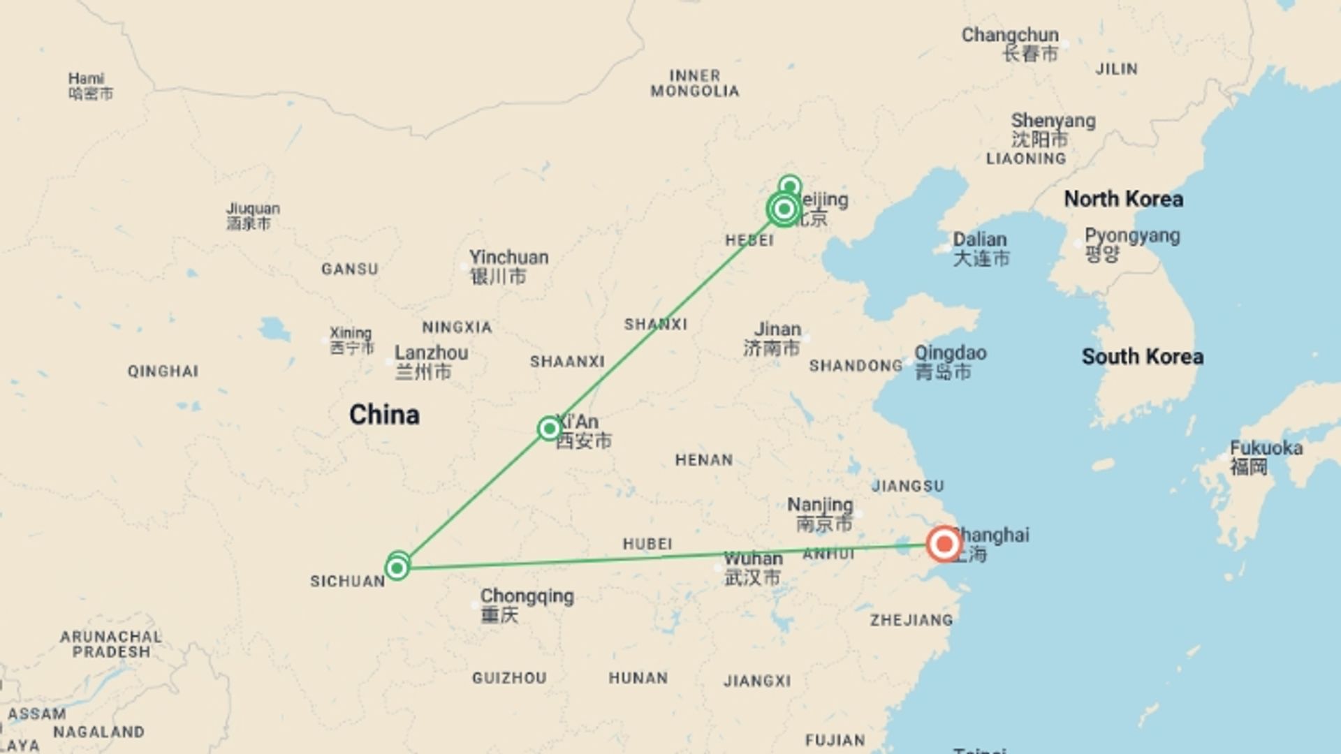 A map showing the tour itinerary for the trip: Essential China, starting in Beijing, China and ending in Shanghai, China going through 2 other destinations.
