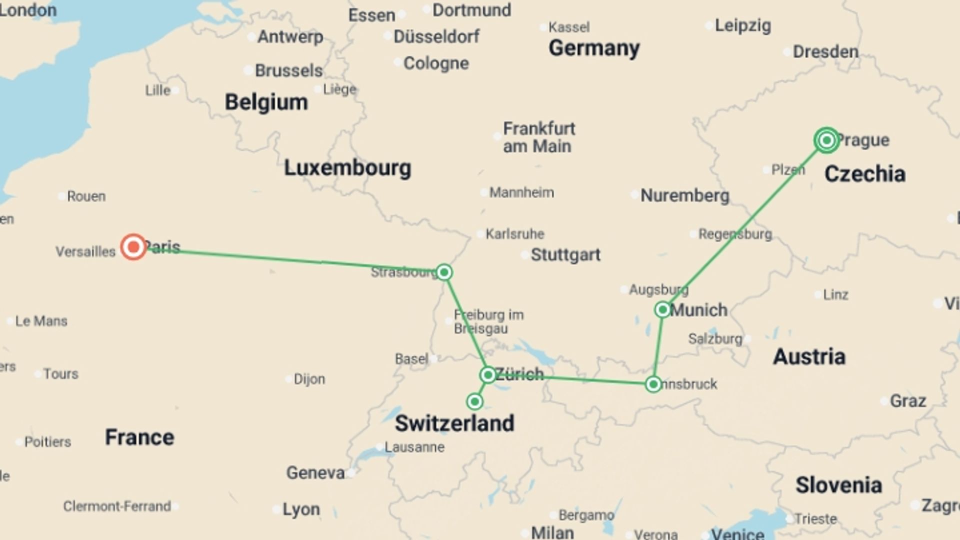 A map showing the tour itinerary for the trip: Iconic Cities, starting in Prague, Czech Republic and ending in Paris, France going through 2 other destinations.
