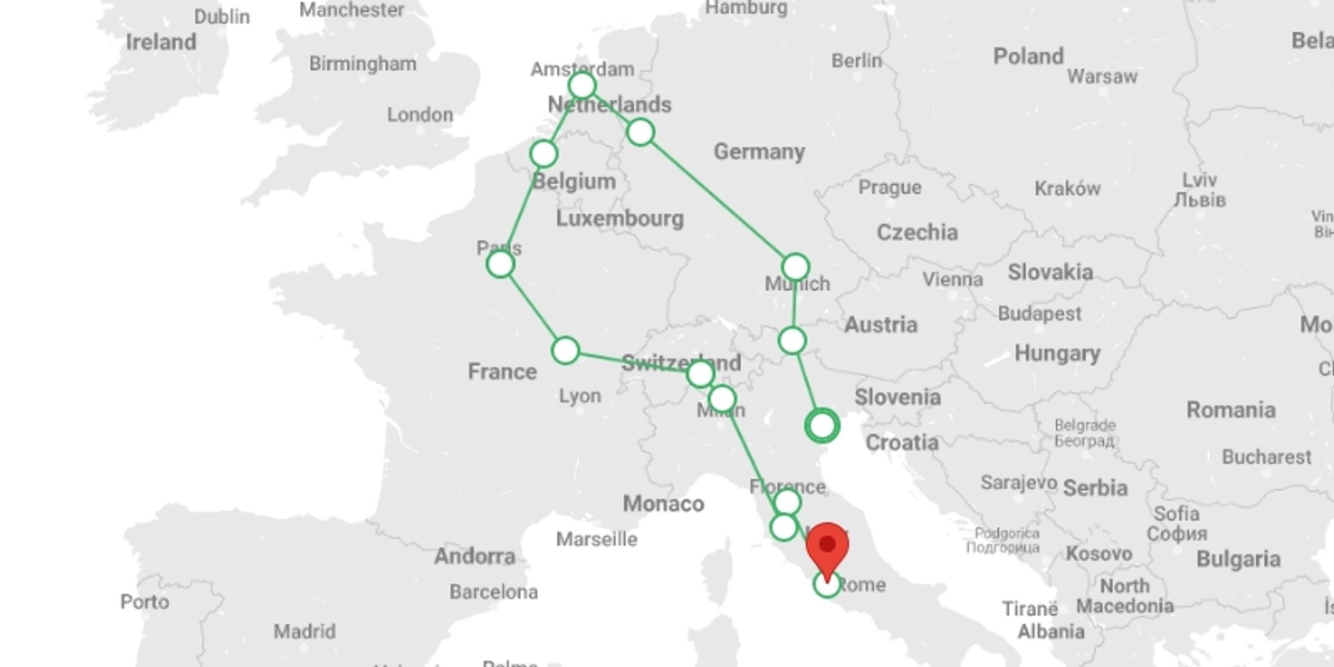 A map showing the tour itinerary for the trip: Europe Highlights Christmas, starting in Venice, Italy and ending in Rome, Italy going through 6 other destinations.
