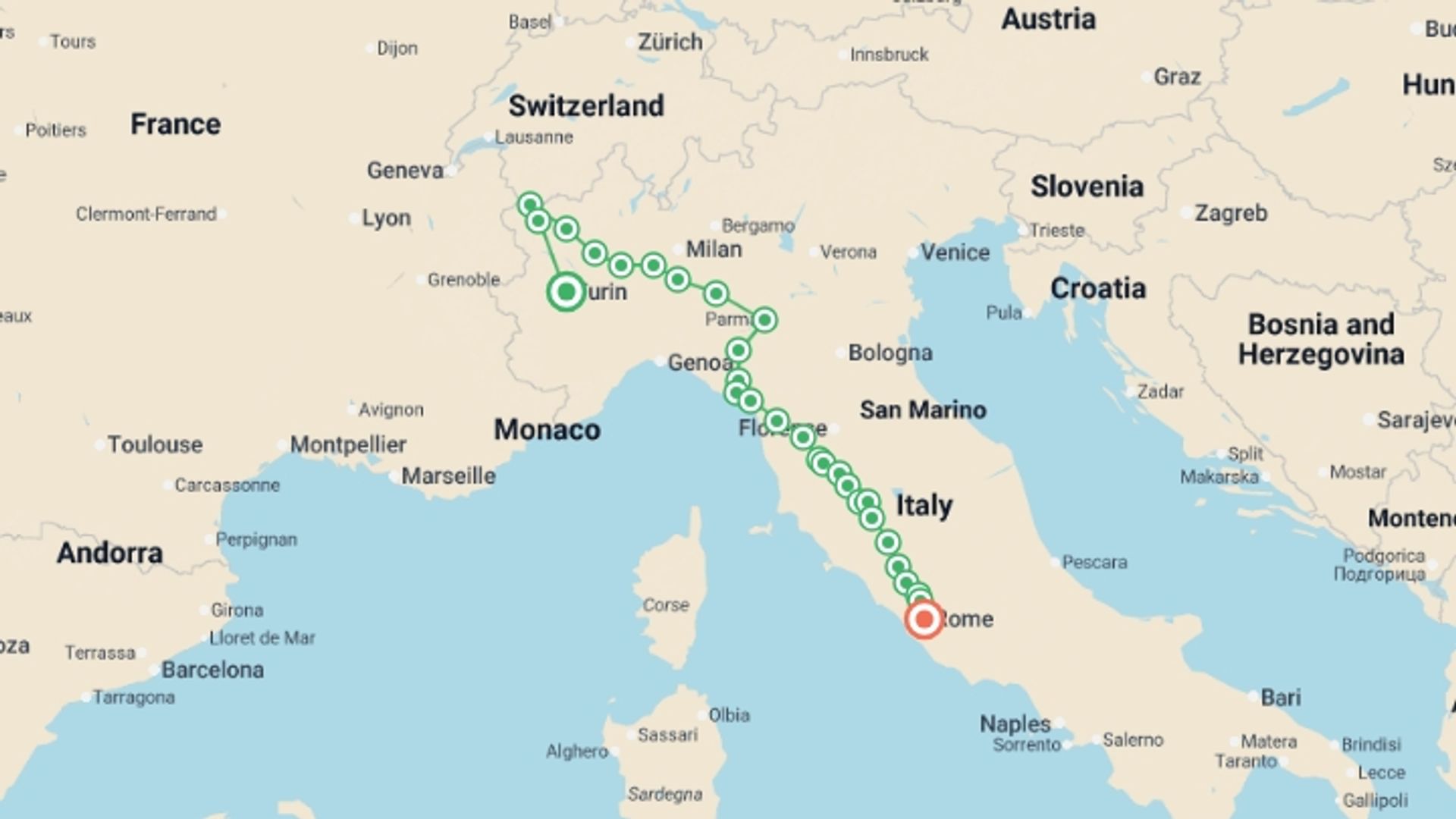 A map showing the tour itinerary for the trip: Cycle the Full Via Francigena - Aosta to Rome, starting in Turin, Italy and ending in Rome, Italy going through 24 other destinations.