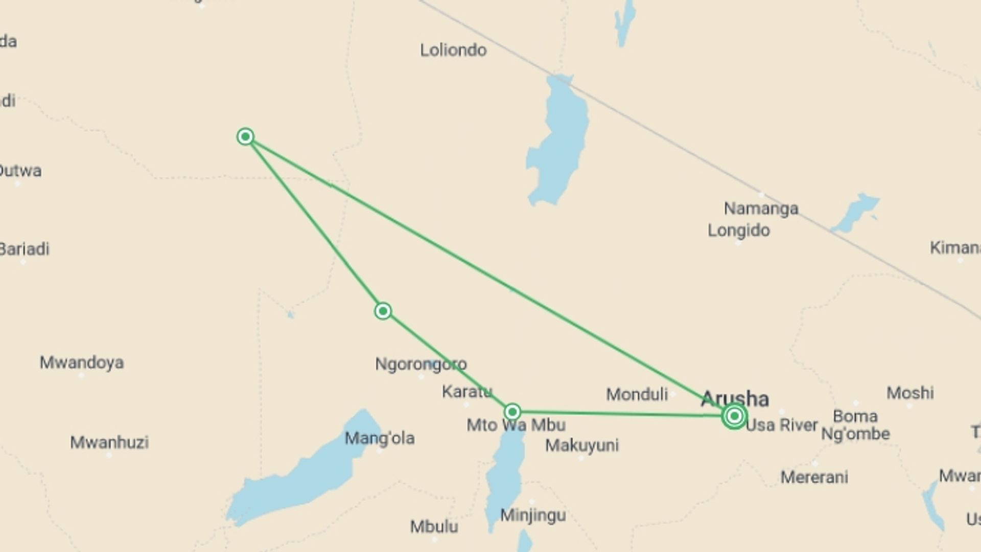 A map showing the tour itinerary for the trip: 4 Day Ngorongoro Crater Safari Experience, starting in Arusha, Tanzania and ending in Arusha, Tanzania going through 4 other destinations.