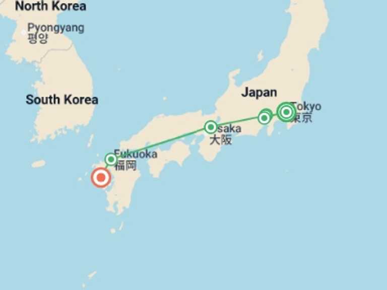 Map of Asia Tour with 5 destination visits for the trip: Tokyo, Mount Fuji, Kyoto and Nagasaki