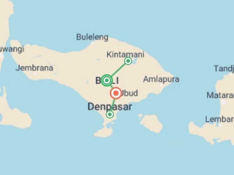 Map itinerary of Indonesia Tour in November 2026 with 4 destination visits for the trip: Picturesque Solo Bali And Ubud Tour