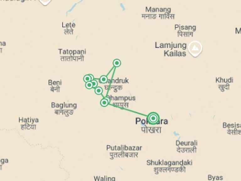 Map itinerary of Nepal Tour in Winter with 5 destination visits for the trip: Annapurna Poon Hill Trek 5D/4N