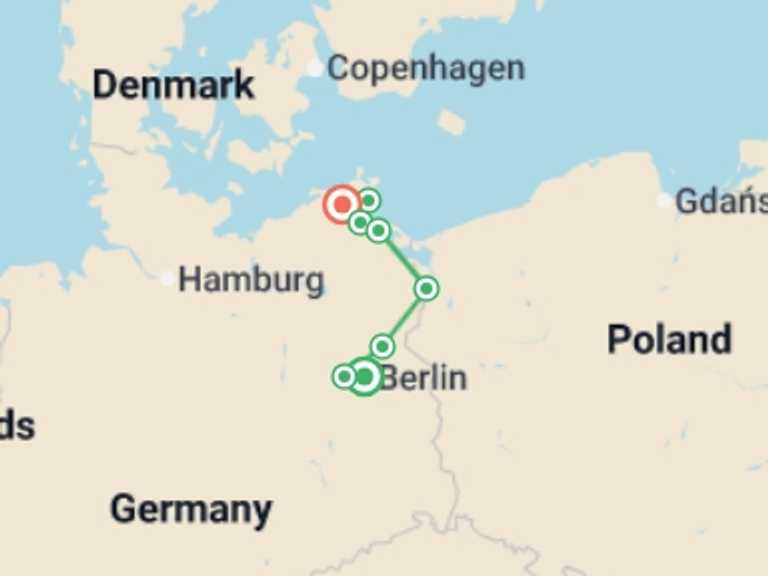 Map of Europe Tour with 7 destination visits for the trip: From Berlin to Stralsund (port-to-port cruise)