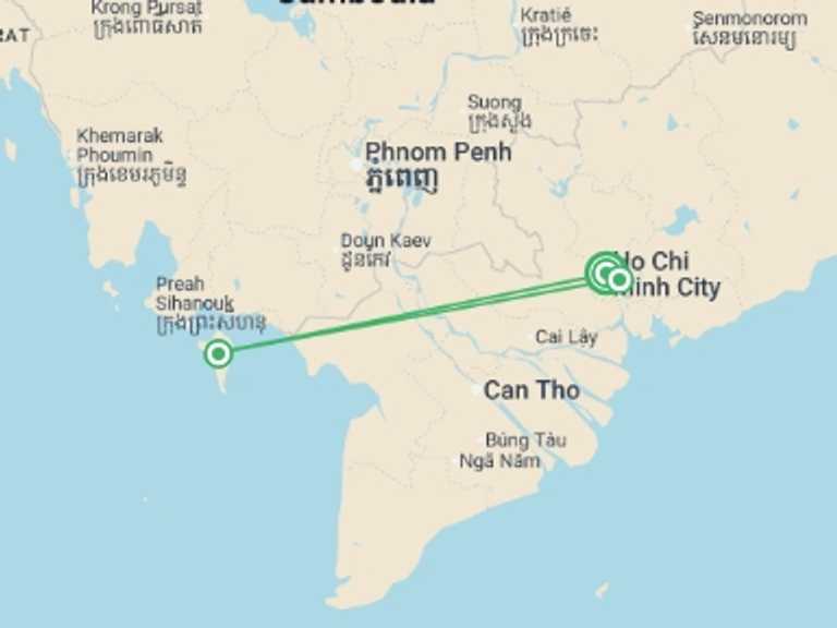 Map itinerary of Asia Tour in August 2026 with 3 destination visits for the trip: Saigon & Phu Quoc Paradise (Deluxe) - 8 days
