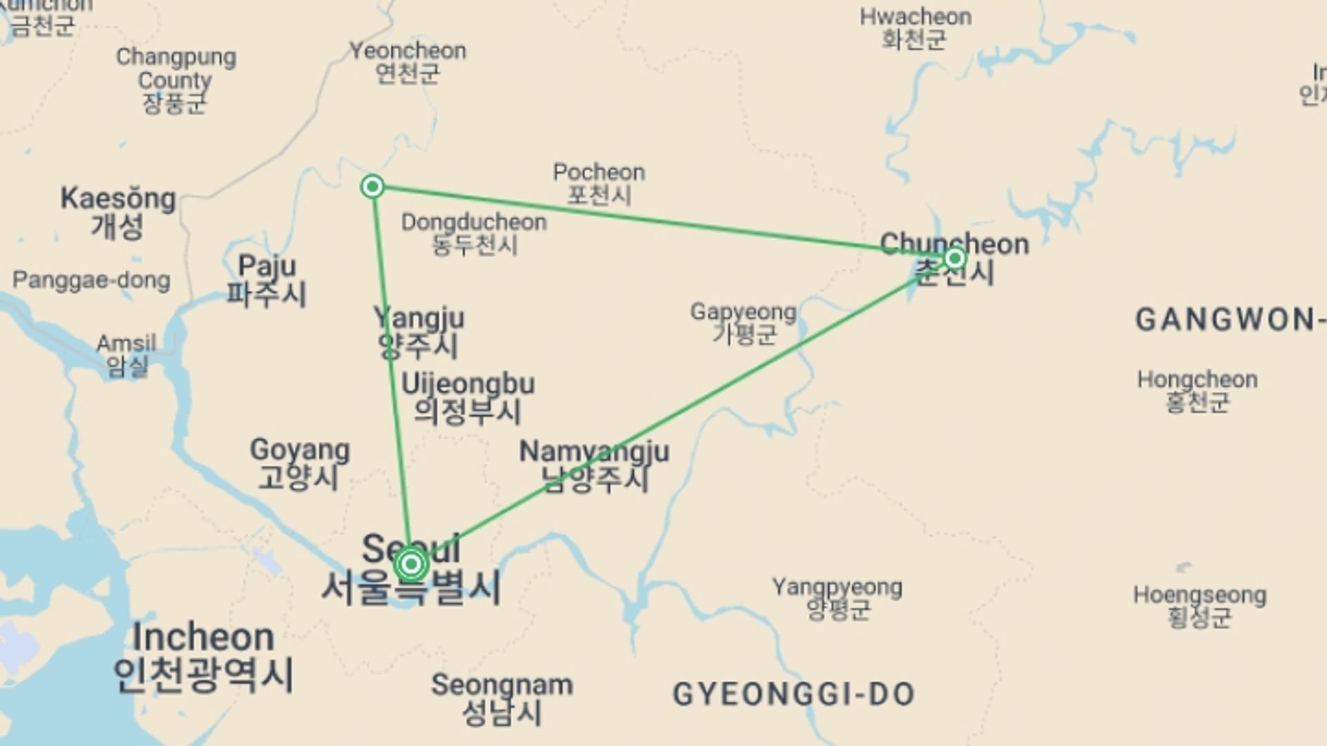 A map showing the tour itinerary for the trip: Discover the Soul of South Korea, starting in Seoul, South Korea and ending in Seoul, South Korea going through 2 other destinations.