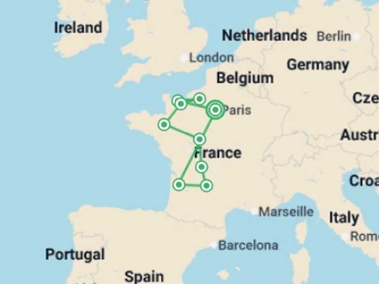 Map of 11-Day Paris Tour with 8 destination visits for the trip: French Ring