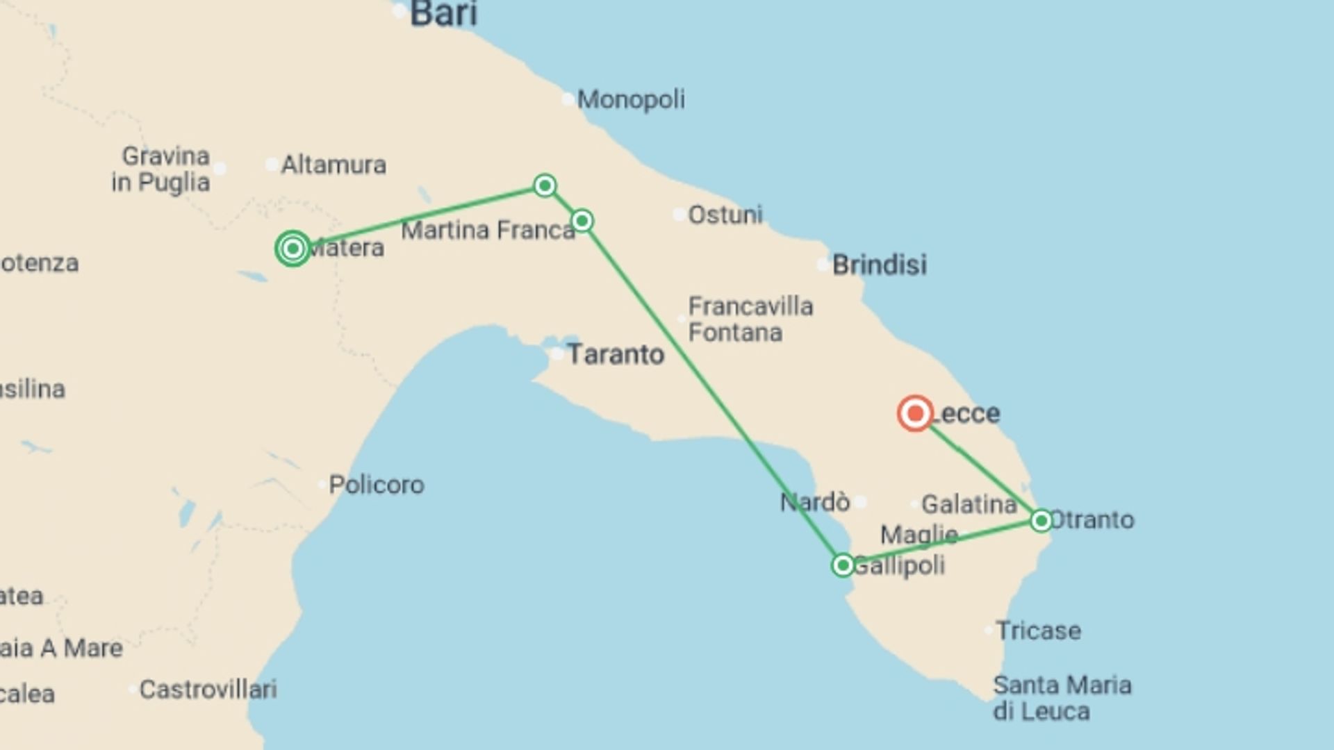 A map showing the tour itinerary for the trip: Cycling Puglia & Matera, starting in Matera, Italy and ending in Lecce, Italy going through 4 other destinations.