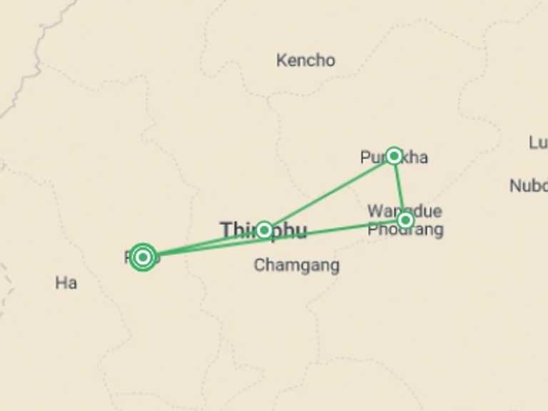 Map itinerary of Thimphu Tour in December 2025 with 4 destination visits for the trip: Bhutan Breakaway - 7 days