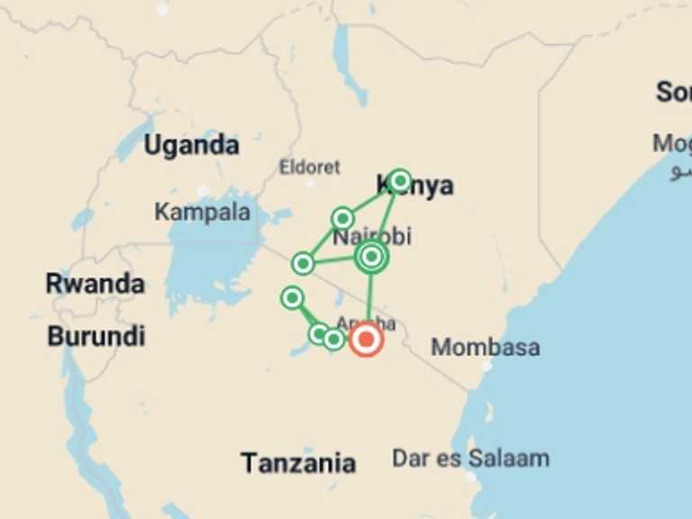Map of Nairobi Wildlife Tour with 9 destination visits for the trip: Kenya & Tanzania Camping Safari