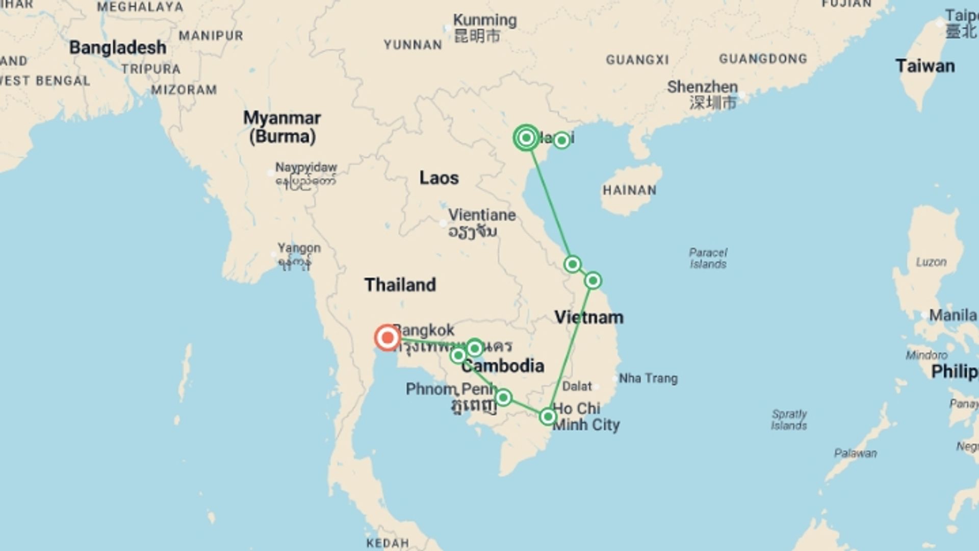 A map showing the tour itinerary for the trip: Best of Vietnam & Cambodia, starting in Hanoi, Vietnam and ending in Bangkok, Thailand going through 8 other destinations.