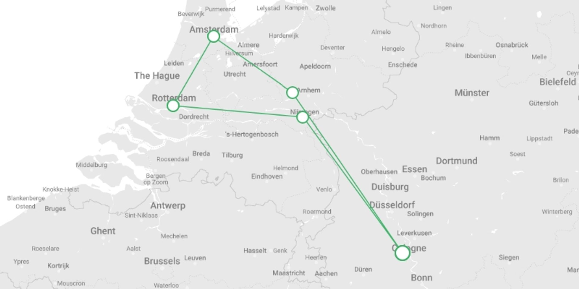 A map showing the tour itinerary for the trip: Magical Rhine Tulip Cruise, starting in Cologne, Germany and ending in Arnhem, Arnhem going through 3 other destinations.