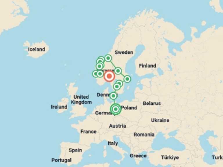 Map of Northern Europe Tour with 9 destination visits for the trip: Nordic Tour Start Berlin