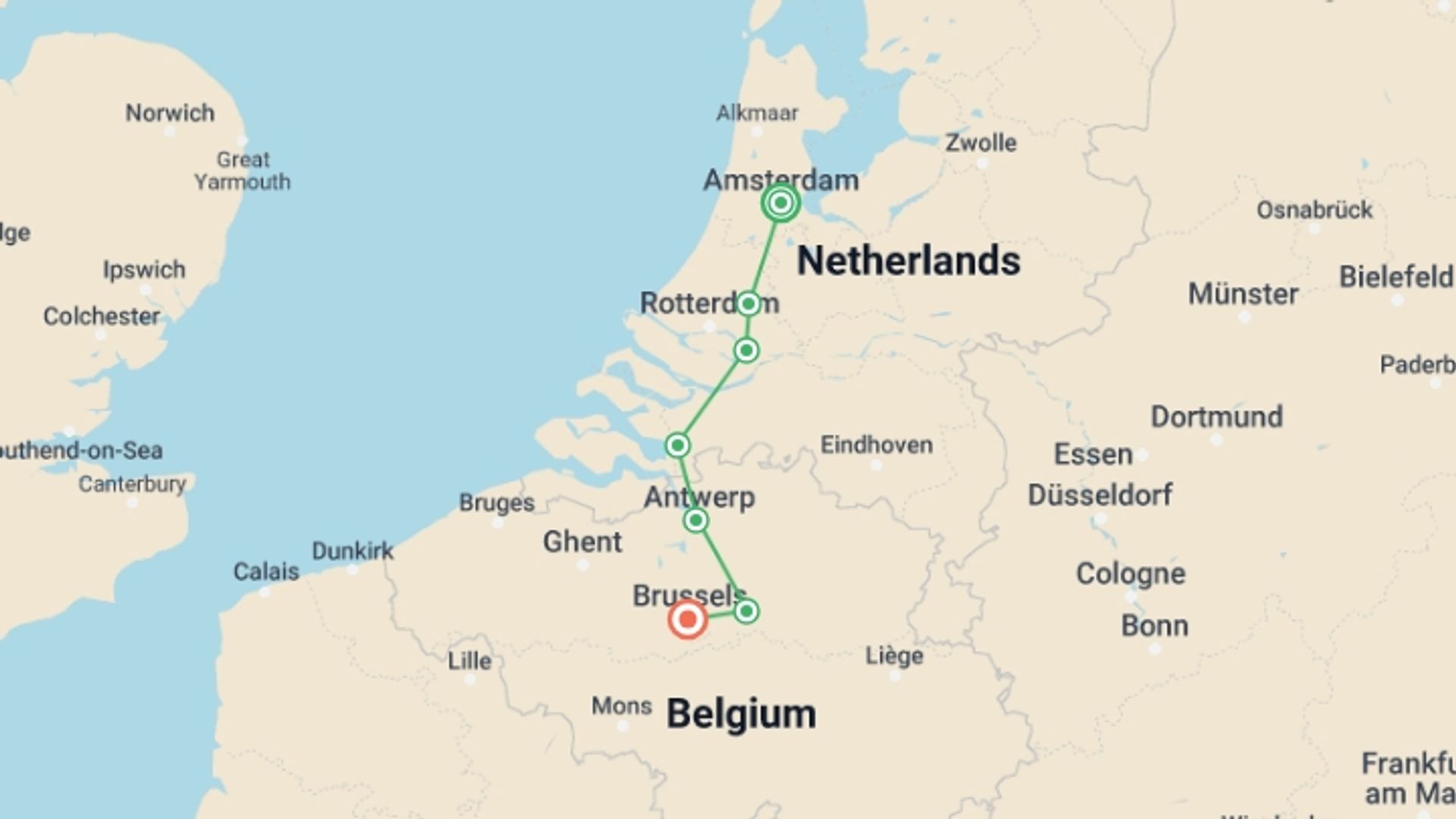 A map showing the tour itinerary for the trip: Cycling from Amsterdam to Brussels, starting in Amsterdam, Holland and ending in Brussels, Belgium going through 5 other destinations.