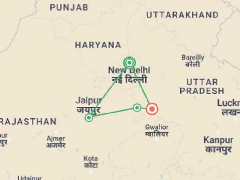 Map of 8-Day New Delhi Tour with 4 destination visits for the trip: India Golden Triangle Premium Tour with Bharatpur