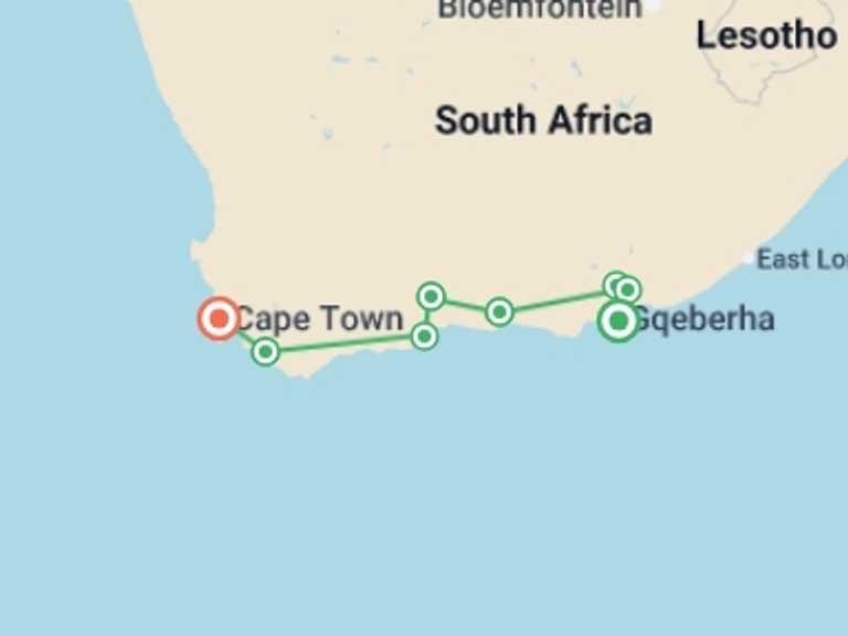 Map of Africa Wildlife safaris and game drives Tour with 7 destination visits for the trip: Cape Town & the Garden Route