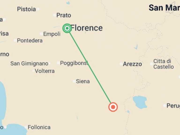 Map itinerary of Mediterranean Tour in April 2026 with 3 destination visits for the trip: Treasures of Tuscany