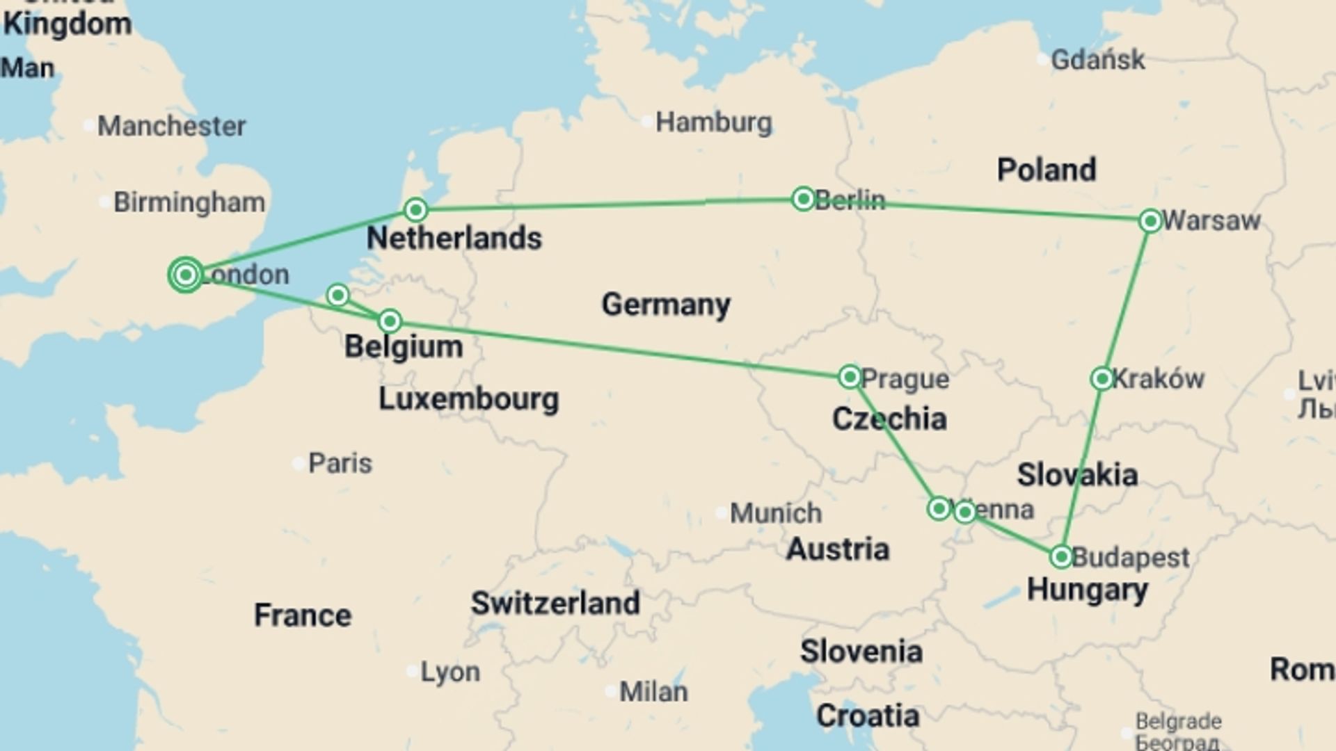 A map showing the tour itinerary for the trip: Central & Eastern Europe: Main Cities & More, starting in London, England and ending in London, England going through 10 other destinations.