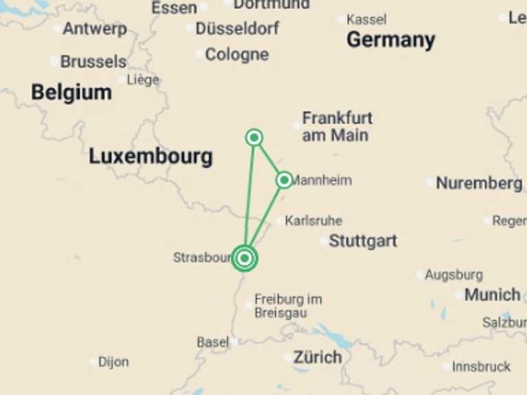 Map itinerary of Mediterranean Tour in Fall with 3 destination visits for the trip: Cruise Festival: Legends, Festivities, and Delicacies on the Romantic Rhine River