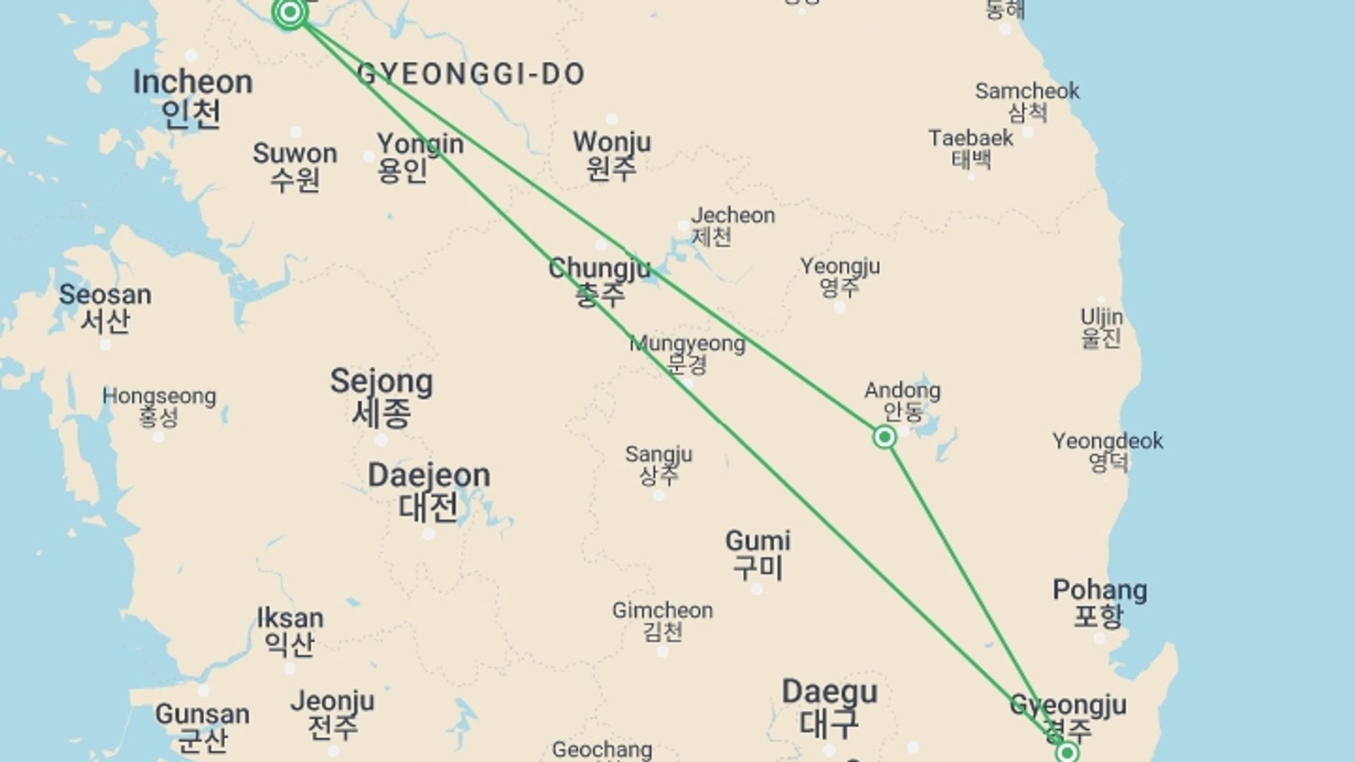 A map showing the tour itinerary for the trip: Seoul & Silla Kingdoms 4 star - 6 days, starting in Seoul, South Korea and ending in Seoul, South Korea going through 2 other destinations.
