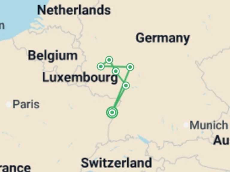 Map itinerary of France Tour in May 2026 with 6 destination visits for the trip: The Valley of the romantic Rhine, the Moselle and the Main (port-to-port cruise)