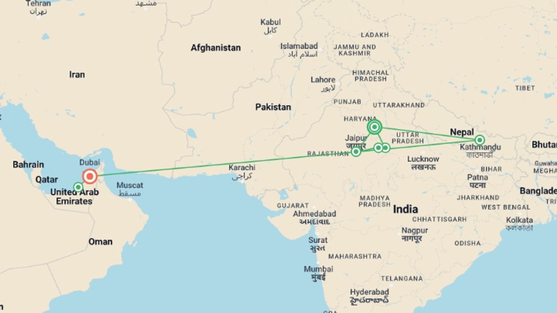 A map showing the tour itinerary for the trip: Wonders of India Nepal and UAE, starting in New Delhi, India and ending in Dubai, UAE going through 4 other destinations.