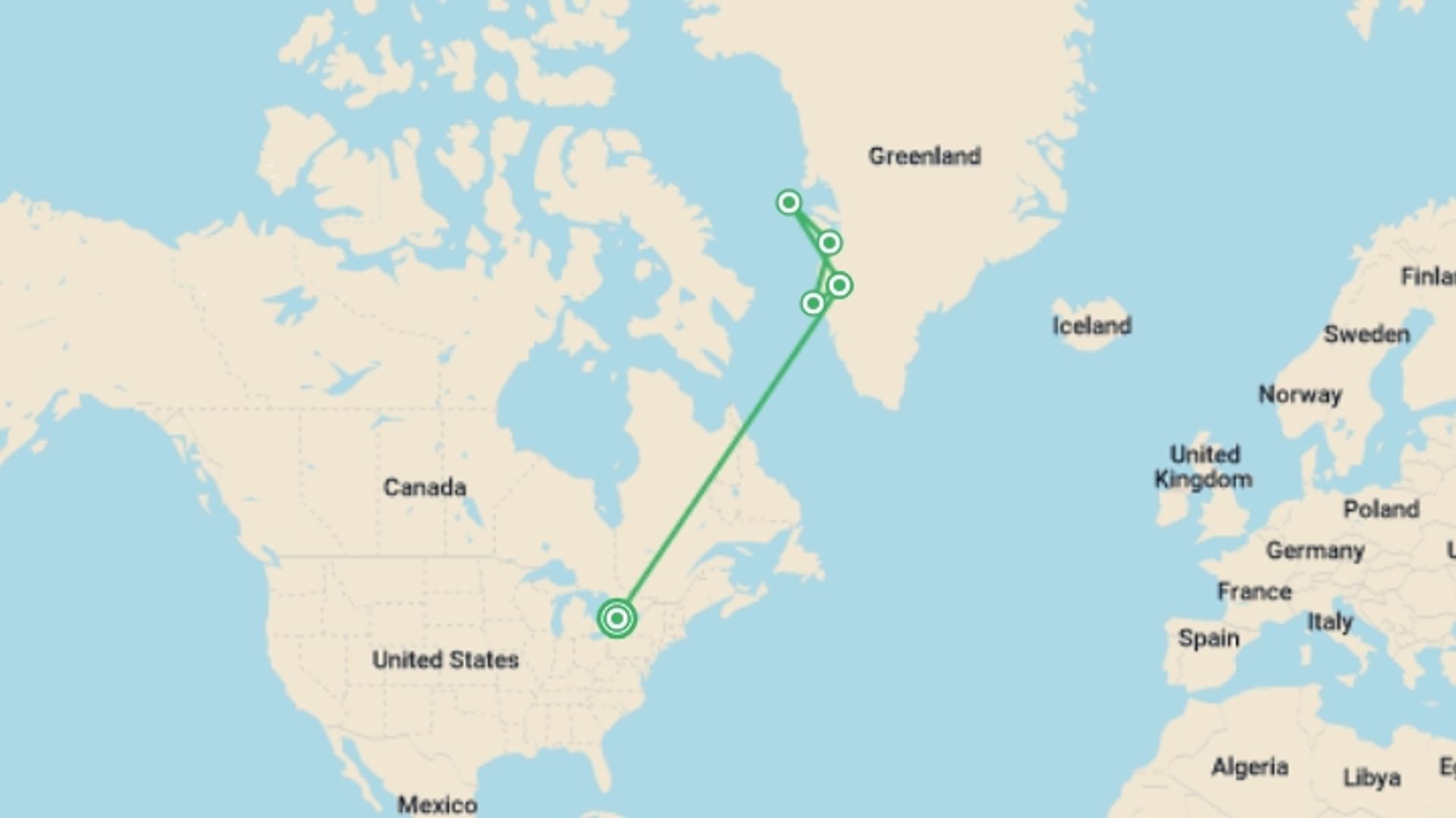 A map showing the tour itinerary for the trip: Gems of West Greenland: Fjords, Icebergs & Culture, starting in Toronto, Canada and ending in Toronto, Canada going through 3 other destinations.