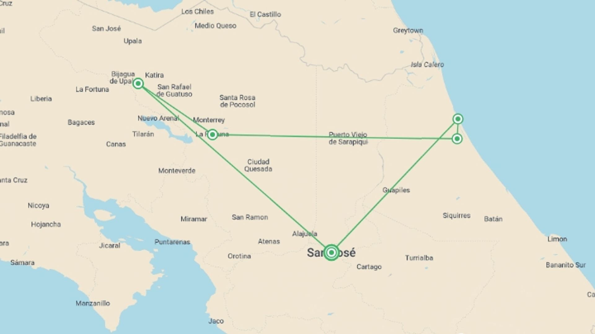 A map showing the tour itinerary for the trip: Costa Rica: Tortuguero, La Fortuna & Rio Celeste, starting in San Jose, Costa Rica and ending in San Jose, Costa Rica going through 4 other destinations.