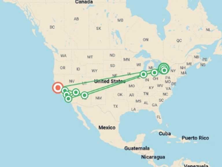 Map of North America Tour with 10 destination visits for the trip: Toronto, Niagara, and Chicago with Western Classics