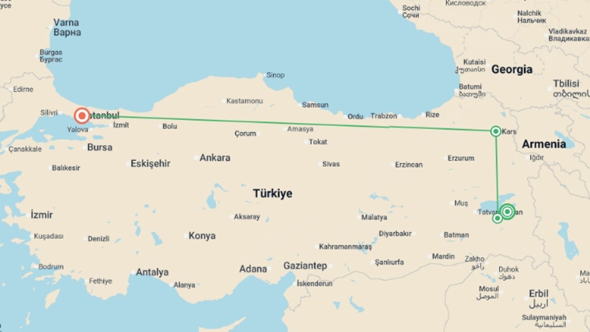 A map showing the tour itinerary for the trip: Lake Van & Mount Ararat to Istanbul - 6 days, starting in Van, Turkey and ending in Istanbul, Turkey going through 2 other destinations.