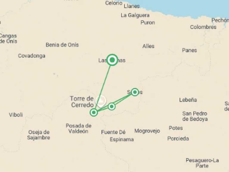 Map of a Trekking and Hiking Tour with 4 destination visits for the trip: Hiking in the Picos de Europa