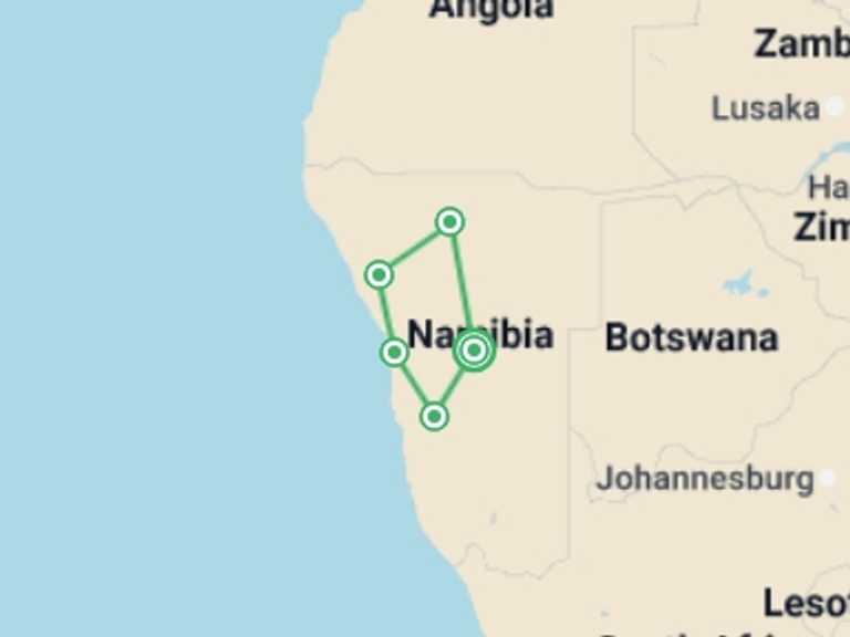 Map itinerary of Southern Africa Tour in April 2026 with 5 destination visits for the trip: Premium Namibia