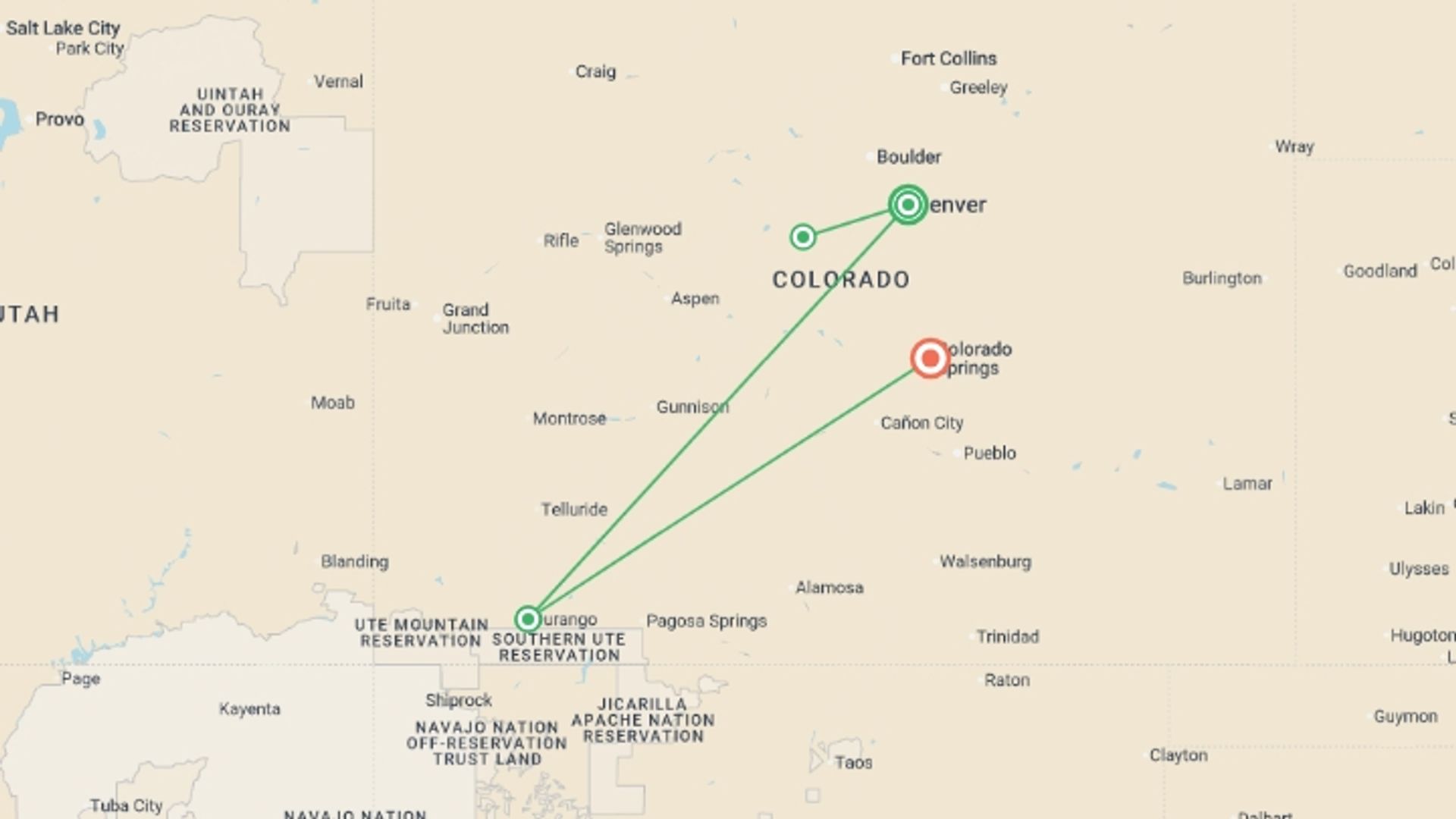 A map showing the tour itinerary for the trip: The Colorado Rockies featuring National Parks and Historic Trains, starting in Denver, USA and ending in Colorado Springs , USA going through 3 other destinations.