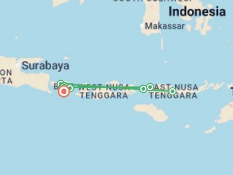 Map of Indonesia Tour with 9 destination visits for the trip: Bali and Komodo: Dragons, Rice Terraces & Cultural Ceremonies