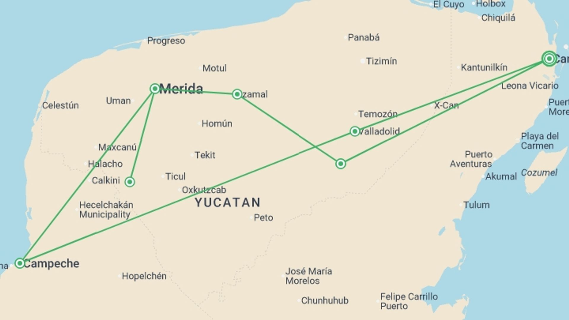A map showing the tour itinerary for the trip: Mayan Treasures By Mayan Train, starting in Cancún, Mexico and ending in Cancún, Mexico going through 4 other destinations.