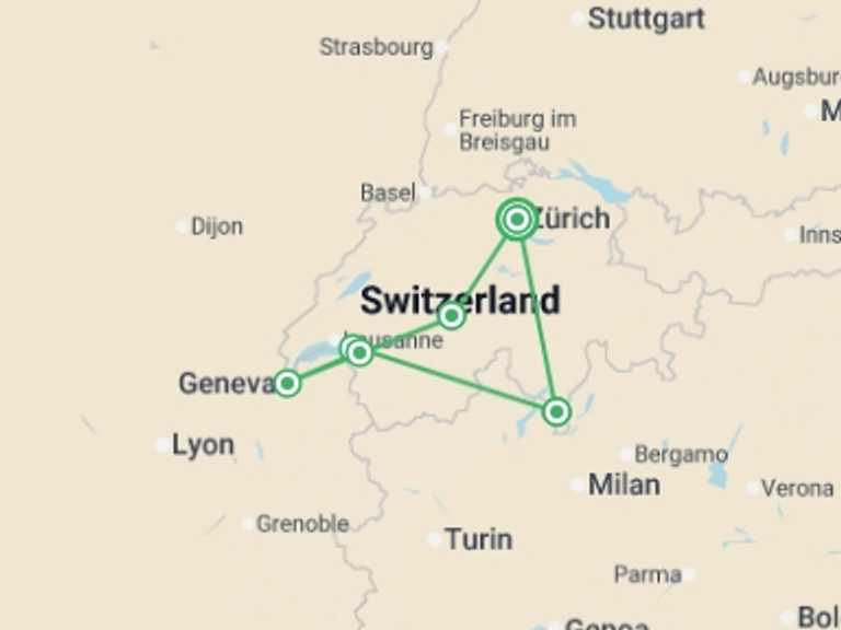 Map itinerary of Europe Tour in Summer with 6 destination visits for the trip: Switzerland Encompassed - 10 days